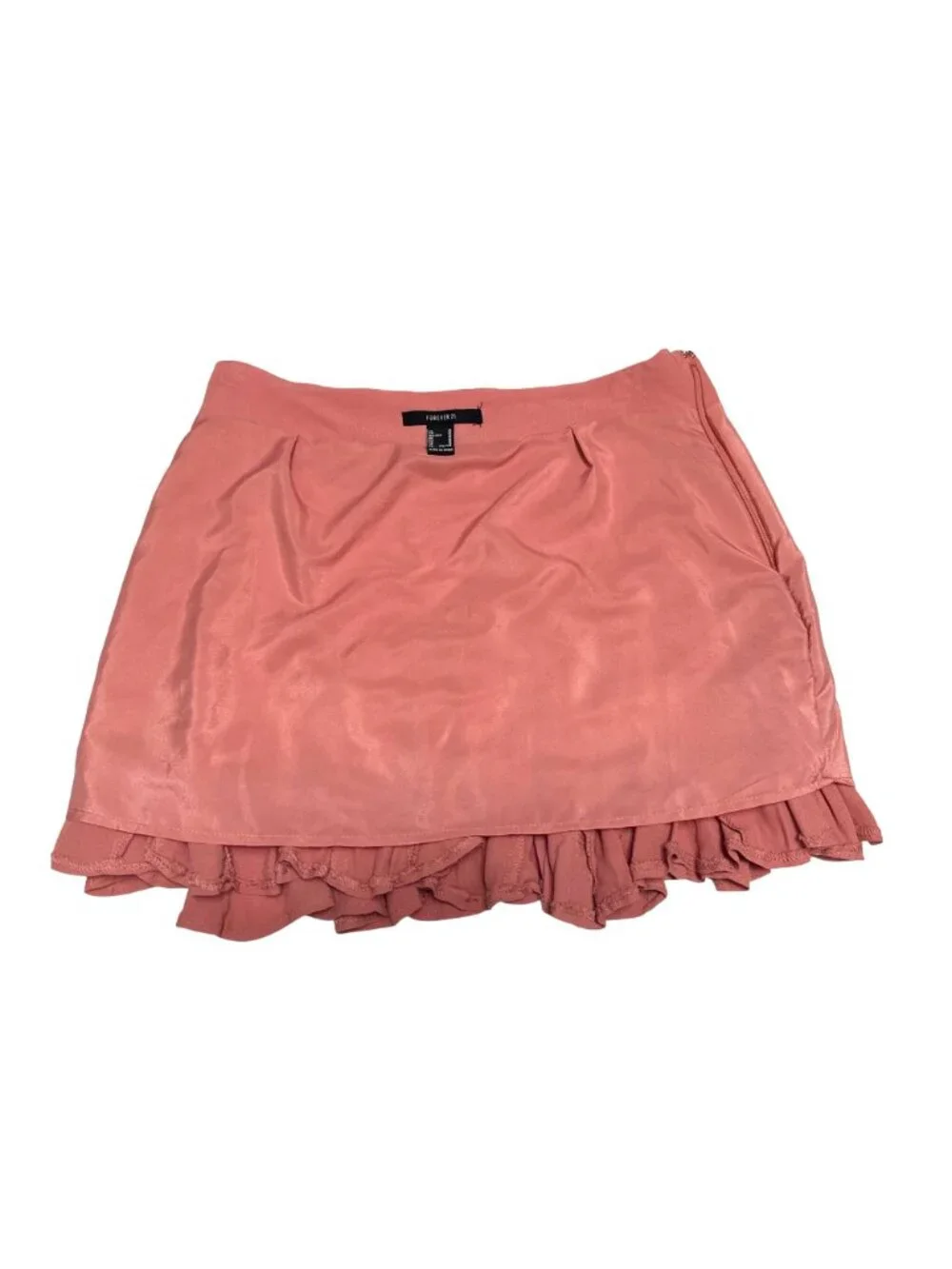 Forever 21 Size M Coral Ruffle Hem Mini Skirt Side Zip Pleated Lined Boho Ballet - Picture 4 of 9